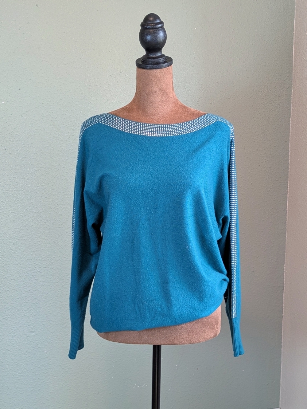 Y2K Keren Hart Teal Rhinestone Stripe Boatneck Sweater